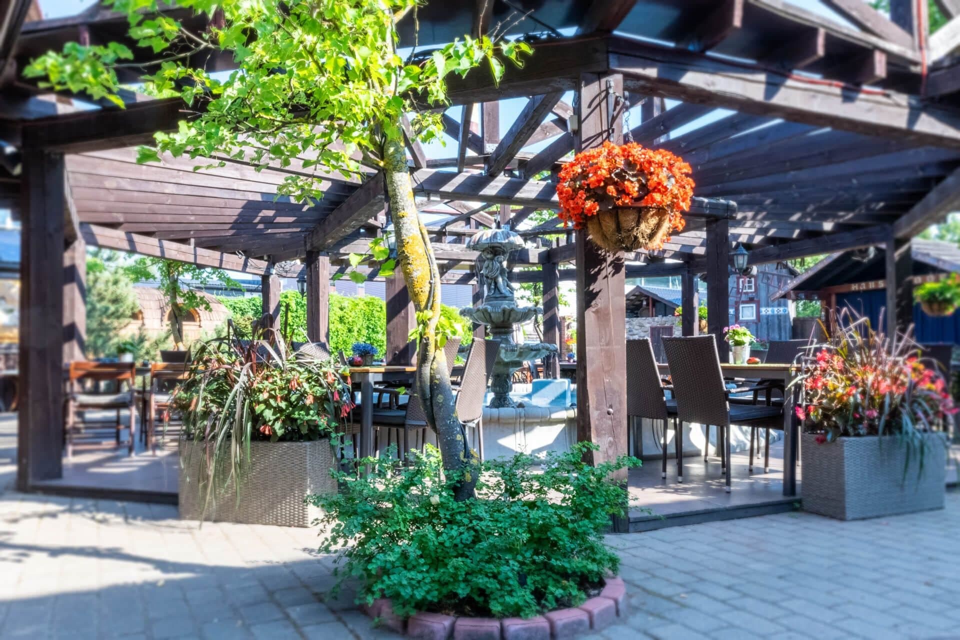 Hansa Hoovi pergola, purskkaev ja lillepotid suvel